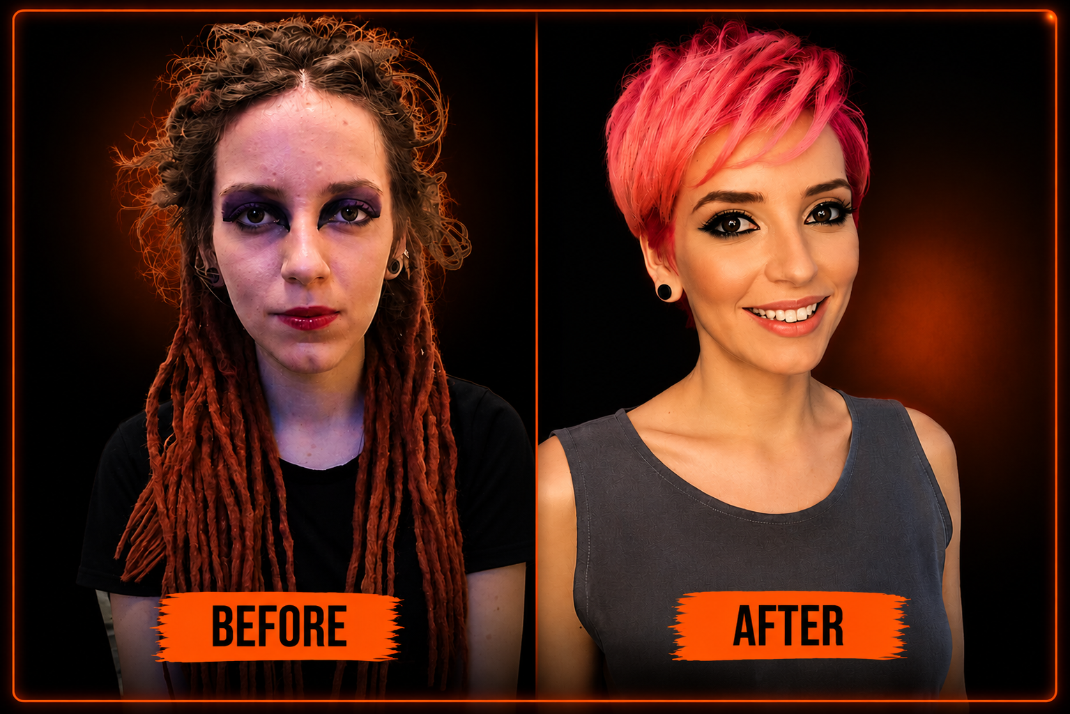 Before and after hair transformation of a woman — dreadlocks to pink pixie cut